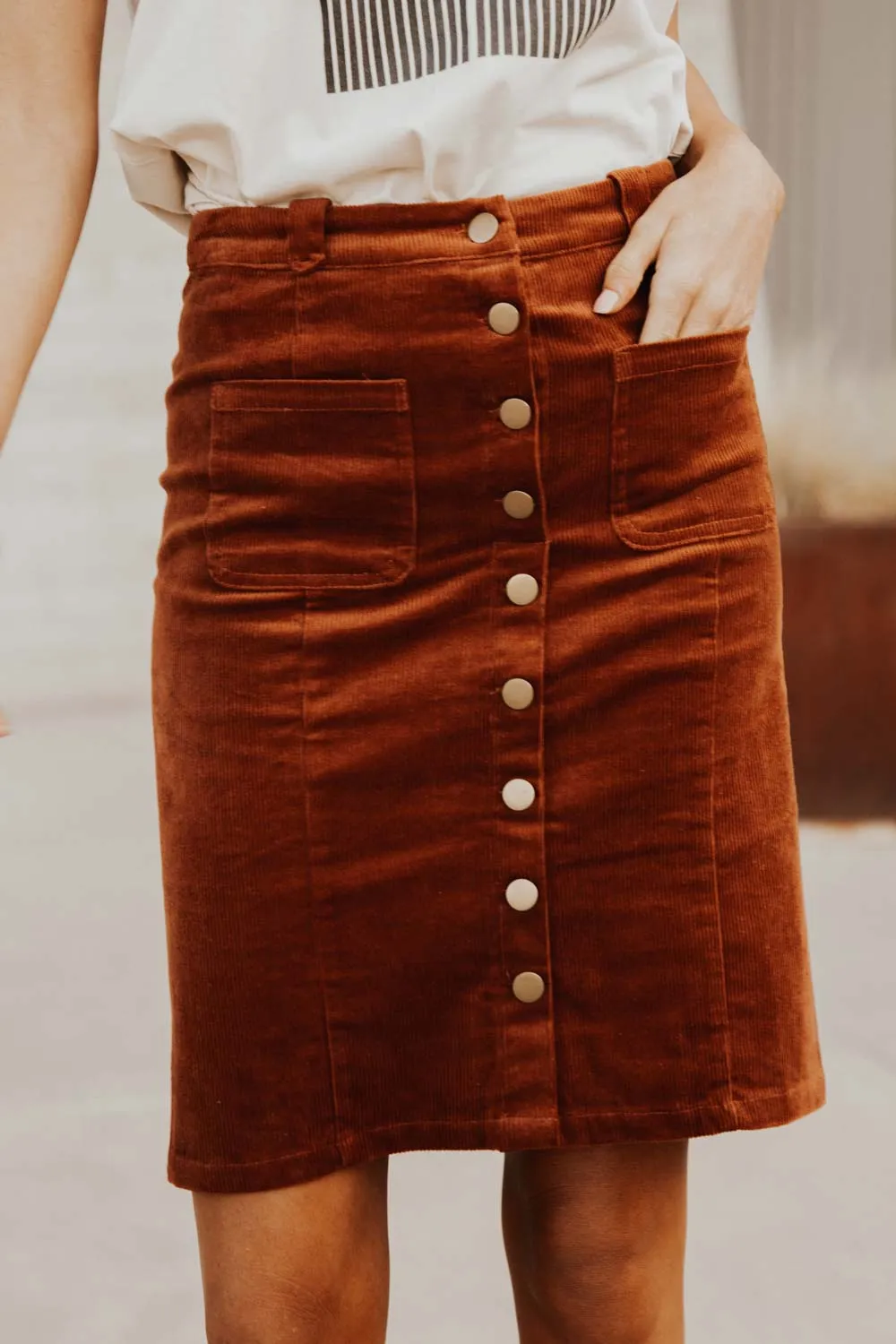 Corduroy Button Down Skirt in Rust