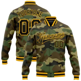 Custom Camo Black-Gold Bomber Full-Snap Varsity Letterman Salute To Service Jacket