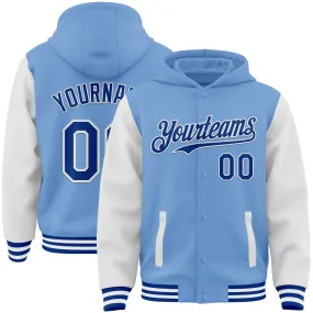 Custom Light Blue Royal-White Bomber Full-Snap Varsity Letterman Two Tone Hoodie Jacket