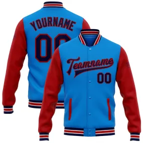 Custom Powder Blue Navy-Red Bomber Full-Snap Varsity Letterman Two Tone Jacket