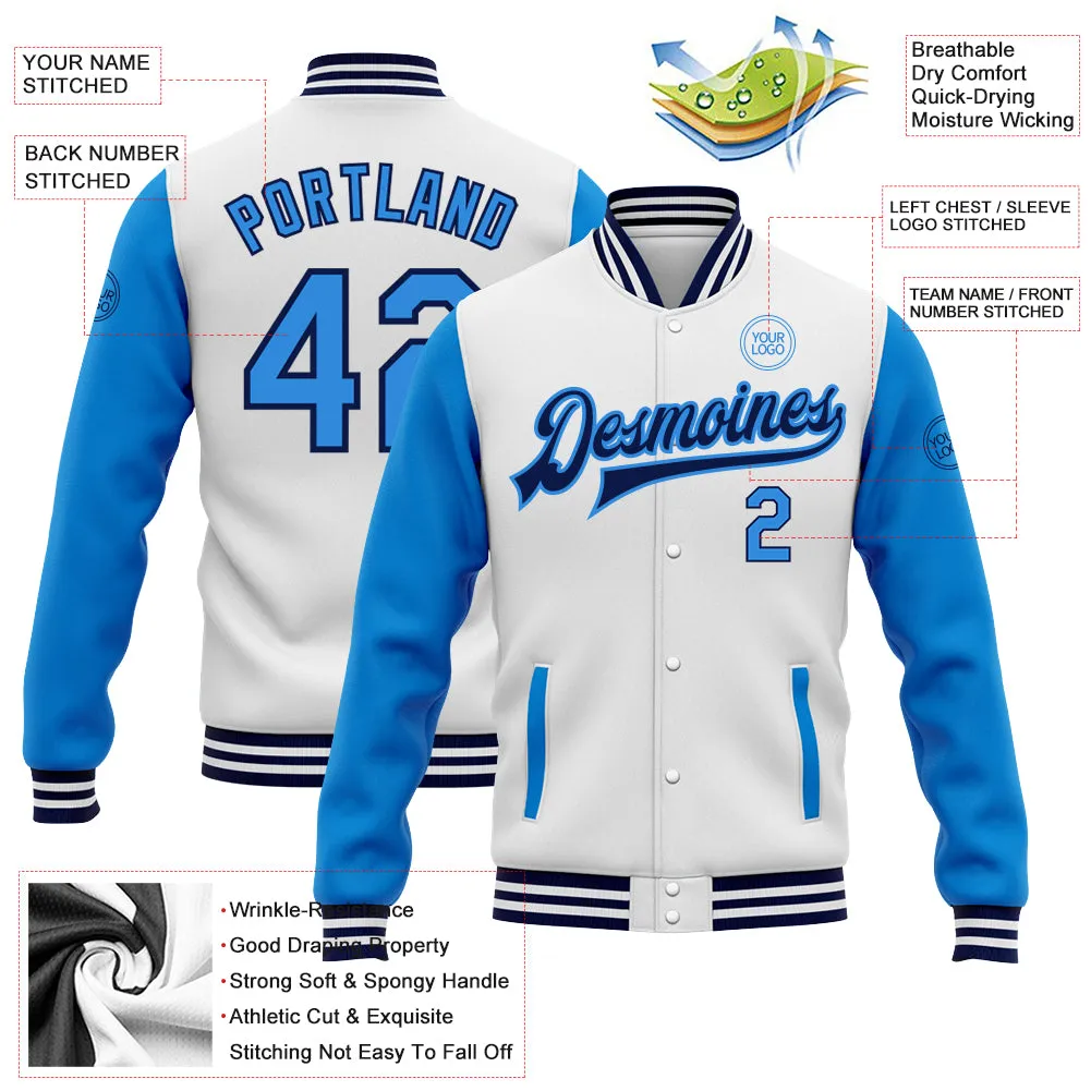 Custom White Powder Blue-Navy Bomber Full-Snap Varsity Letterman Two Tone Jacket