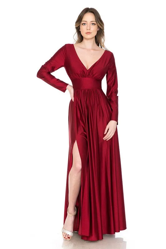 Dark Red Long Sleeve Ruched Top Shiny Pocketed Formal Dress