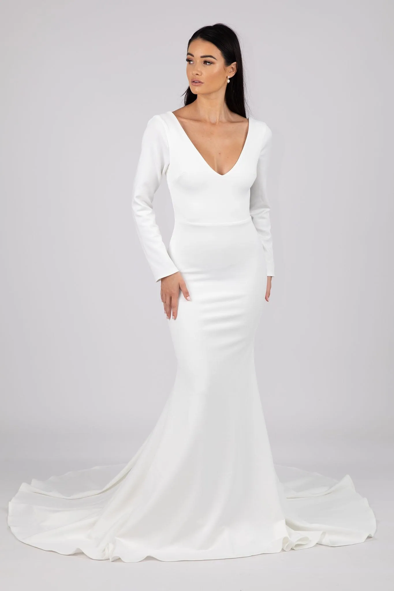 Elena Long-Sleeve Crepe Gown - Ivory