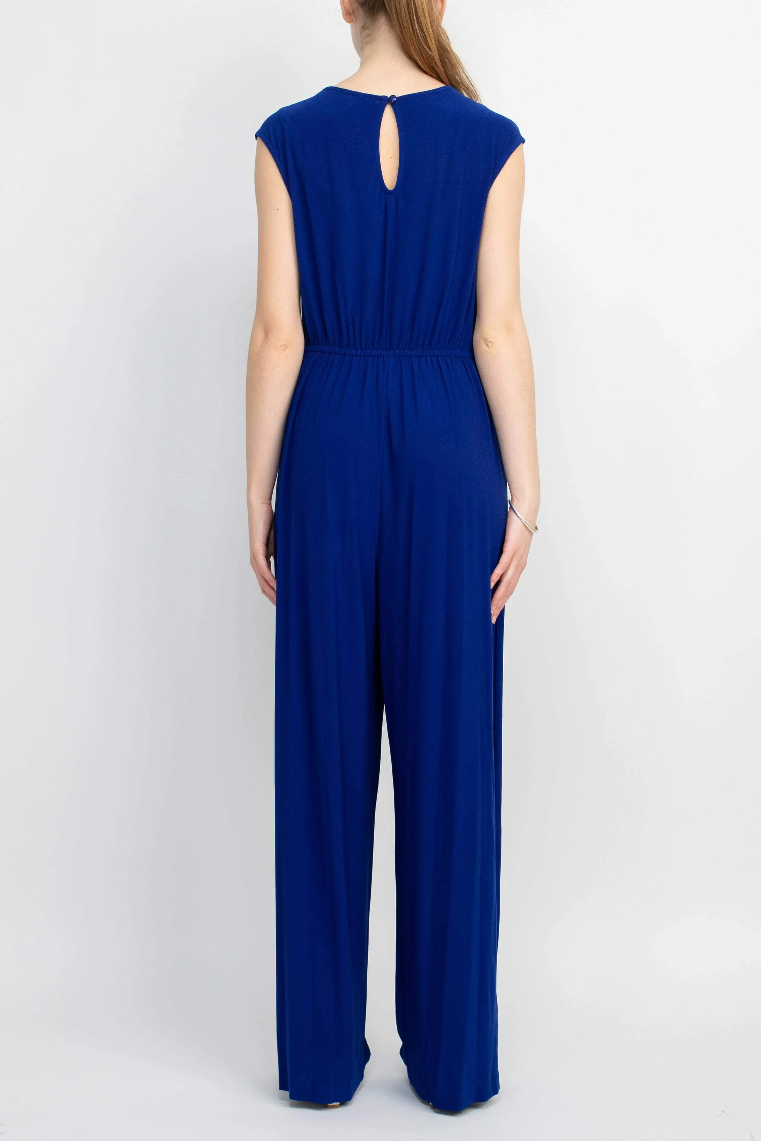 Emma & Michele V-Neck Cap Sleeve Draped Ruched Solid Keyhole Back ITY Jumpsuit with Pockets