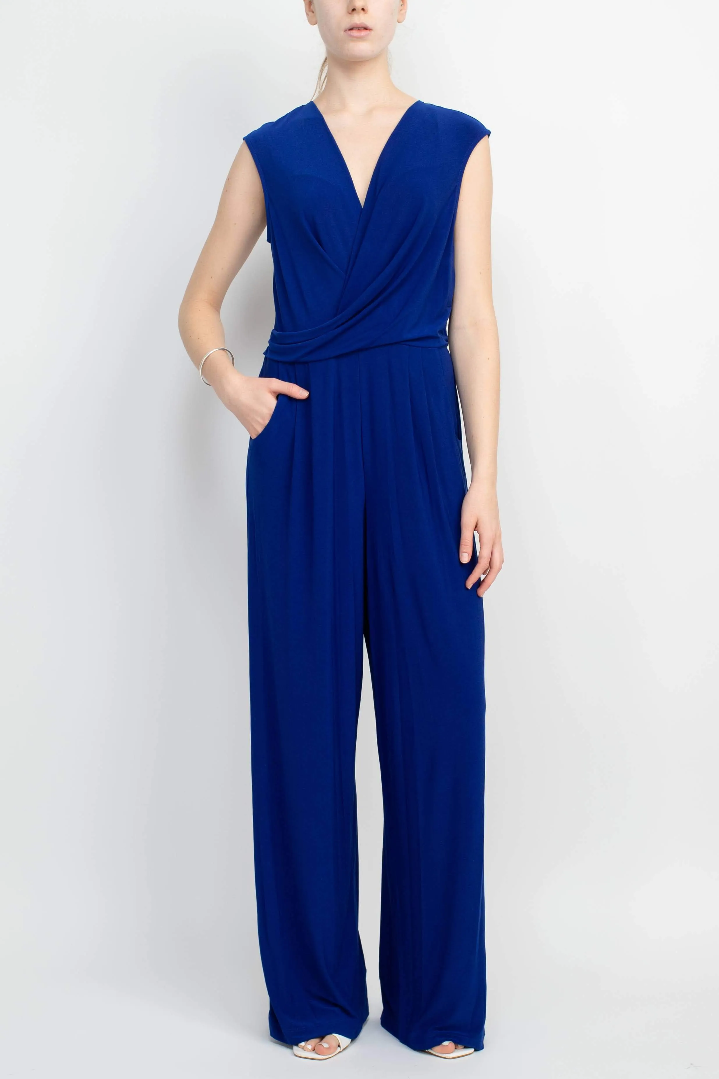 Emma & Michele V-Neck Cap Sleeve Draped Ruched Solid Keyhole Back ITY Jumpsuit with Pockets