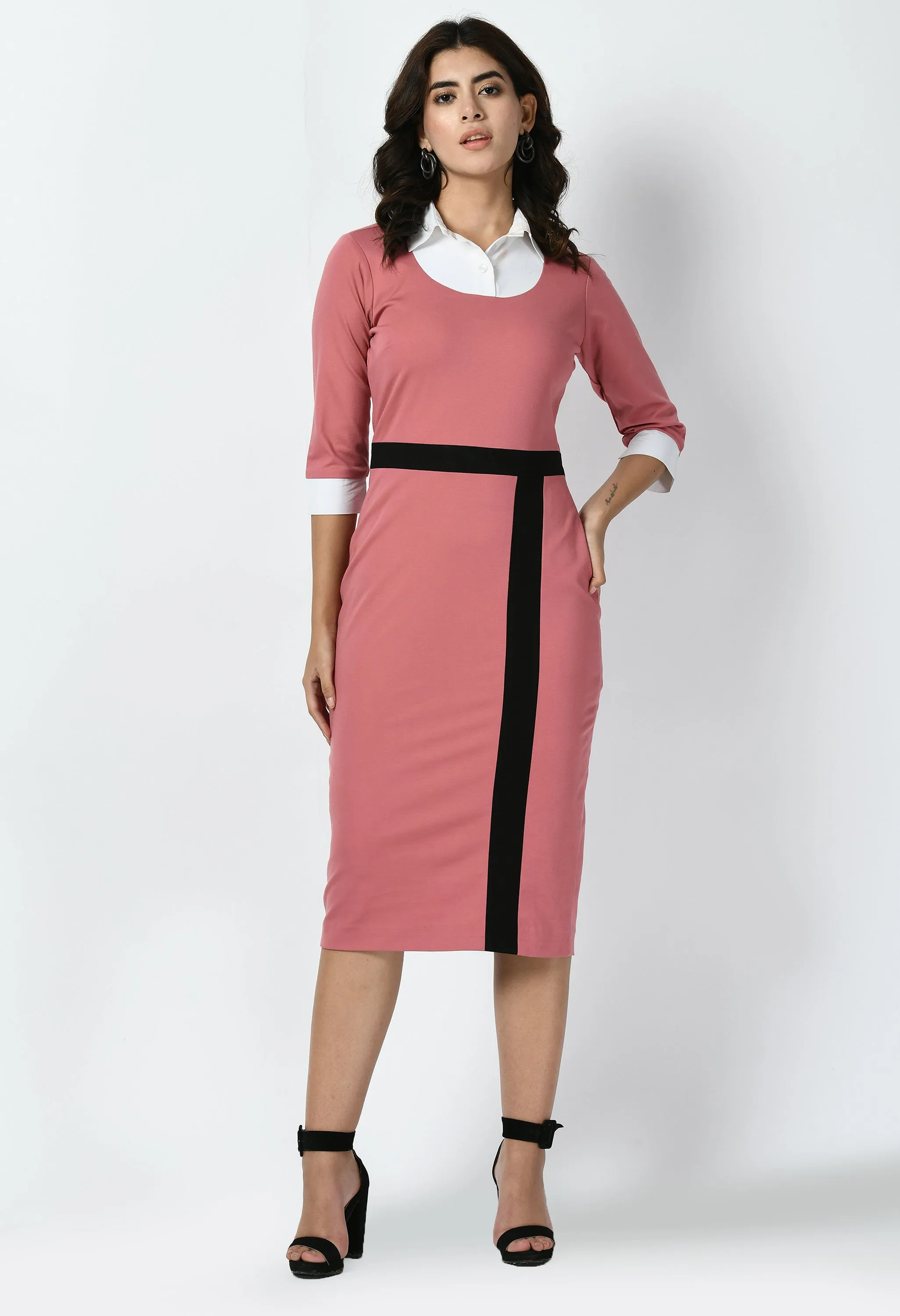 Exude Paramount Shirt Colour blocked Sheath Dress (Watermelon Pink)