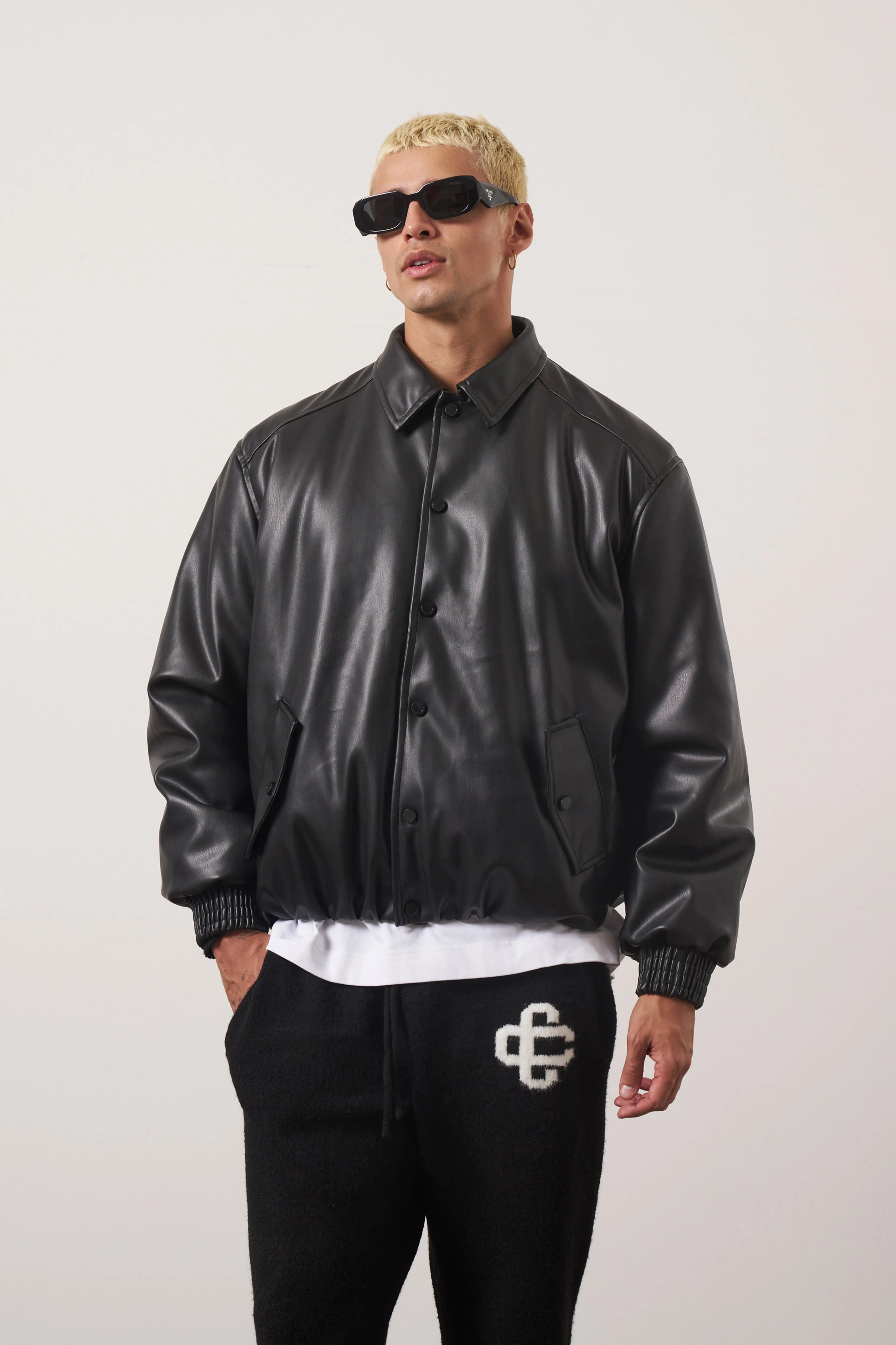 FAUX LEATHER BOMBER - BLACK