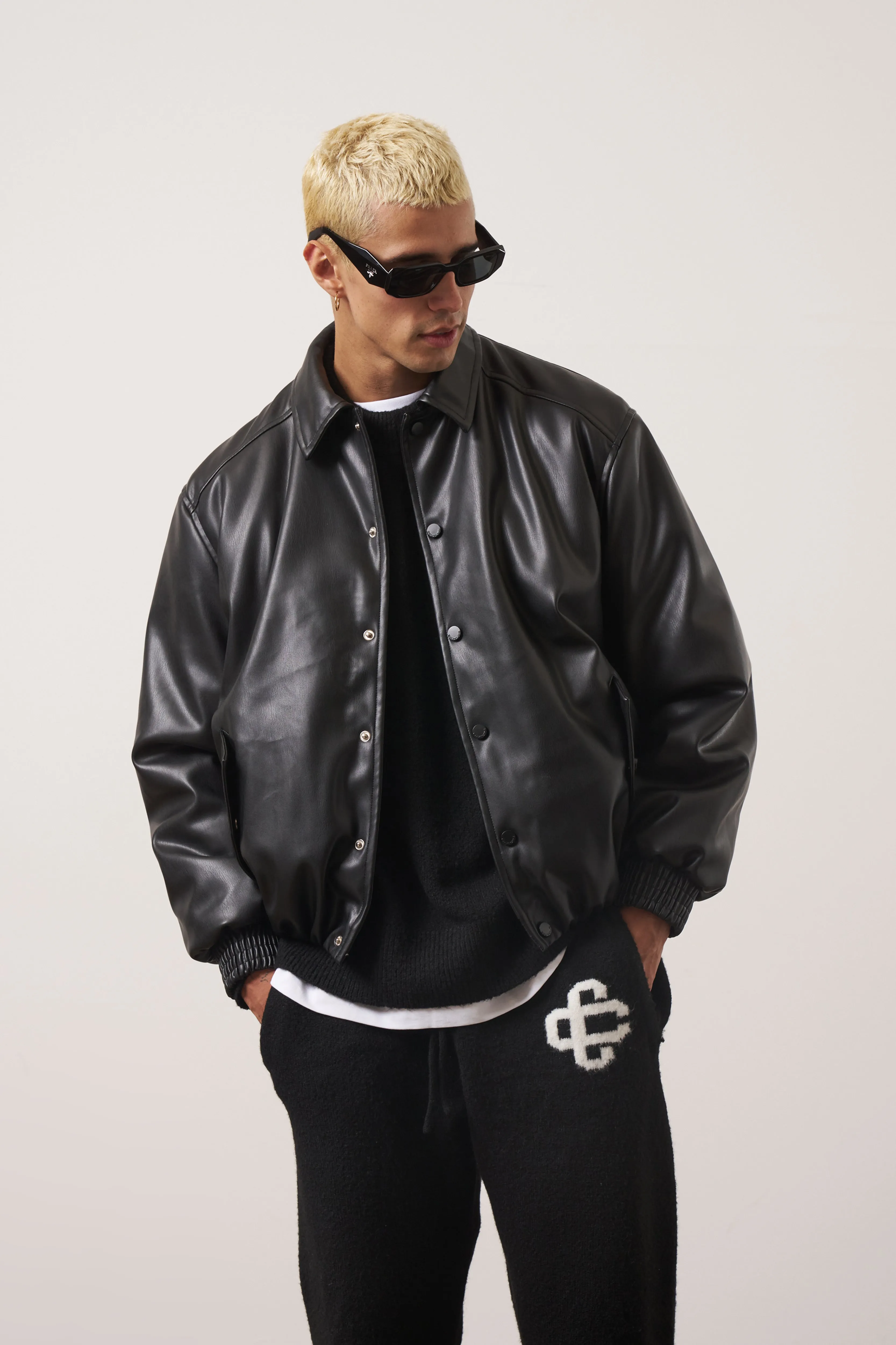 FAUX LEATHER BOMBER - BLACK