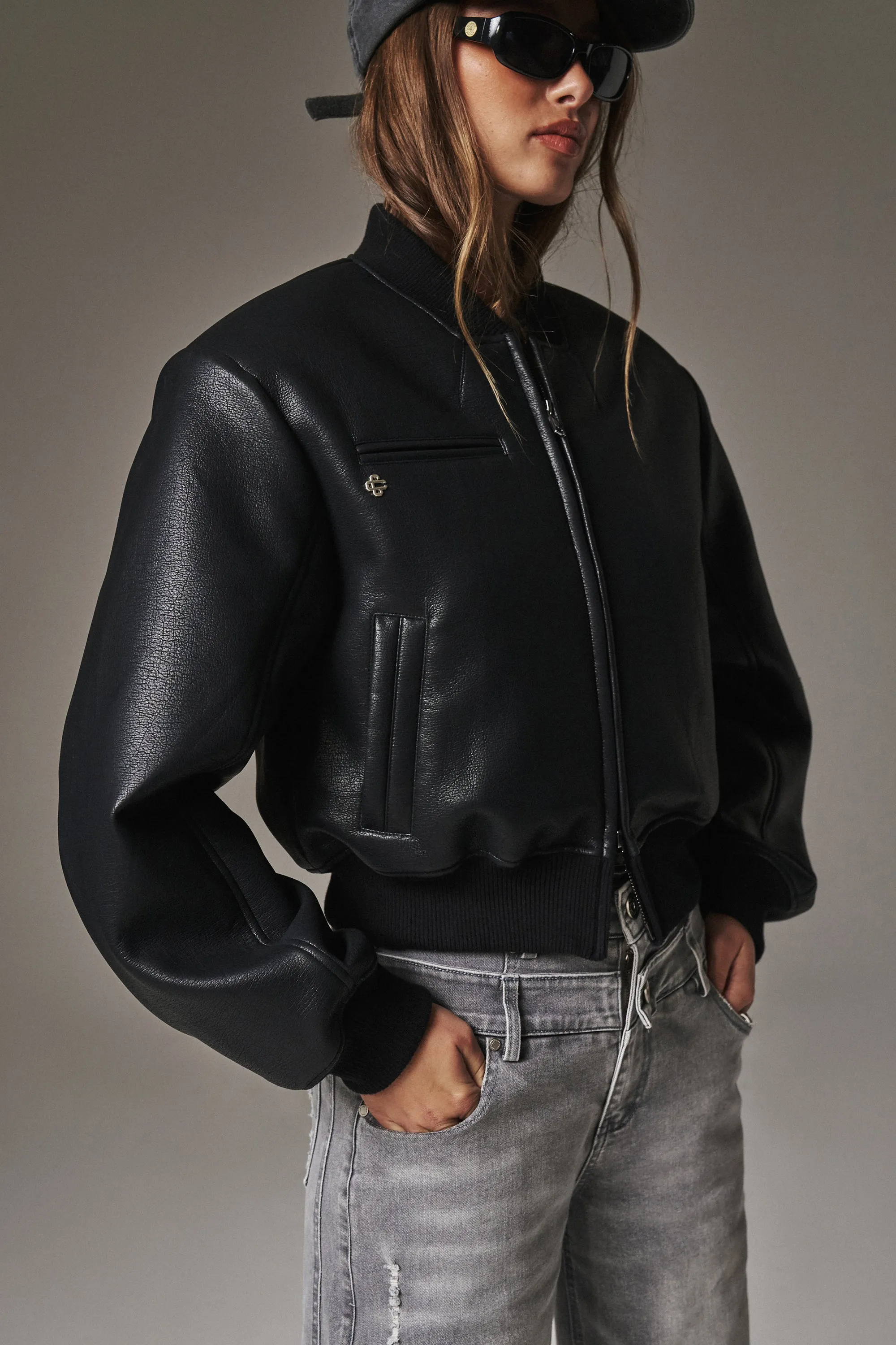 FAUX LEATHER SHOULDER PADDED BOMBER JACKET - BLACK