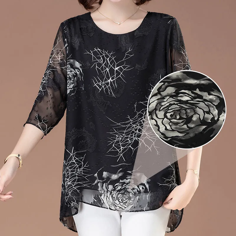 Floral 3/4 Sleeve Crew Neck Flowy Mesh Blouse