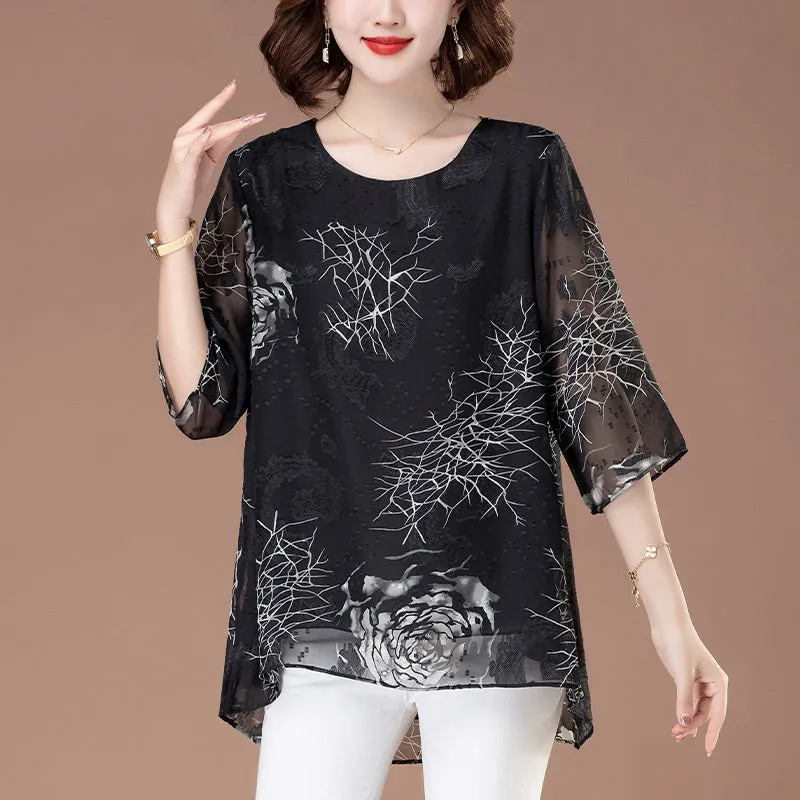 Floral 3/4 Sleeve Crew Neck Flowy Mesh Blouse