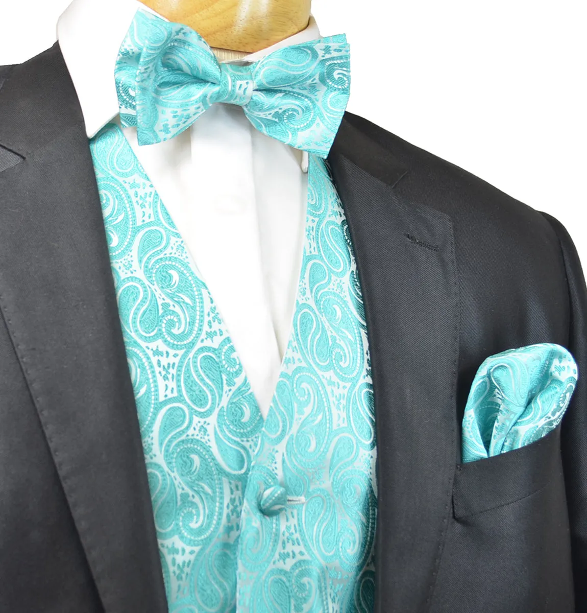 Formal Aqua Blue Paisley Tuxedo Vest Set