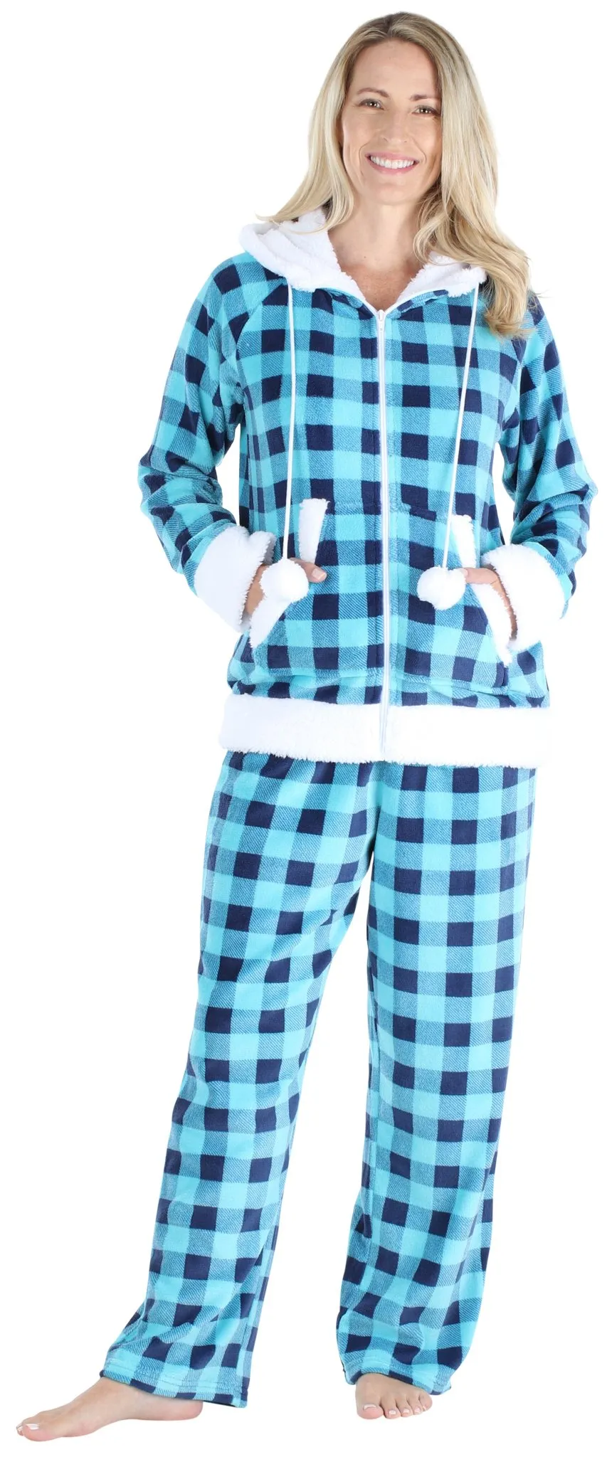 Frankie & Johnny Women’s Fleece 2-Piece Full Zip Hooded Jacket Loungewear Pajama Set