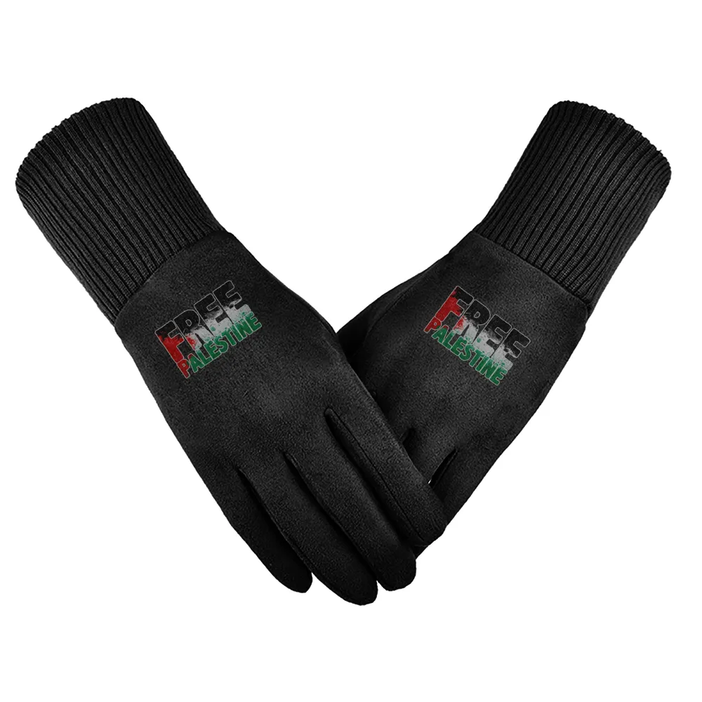 Free Palestine Sticker Unisex Suede Fabric Gloves - Black