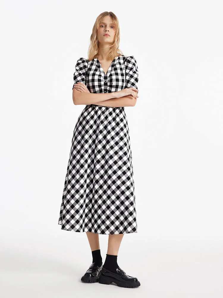 Gingham V-Neck Women Maxi Dress