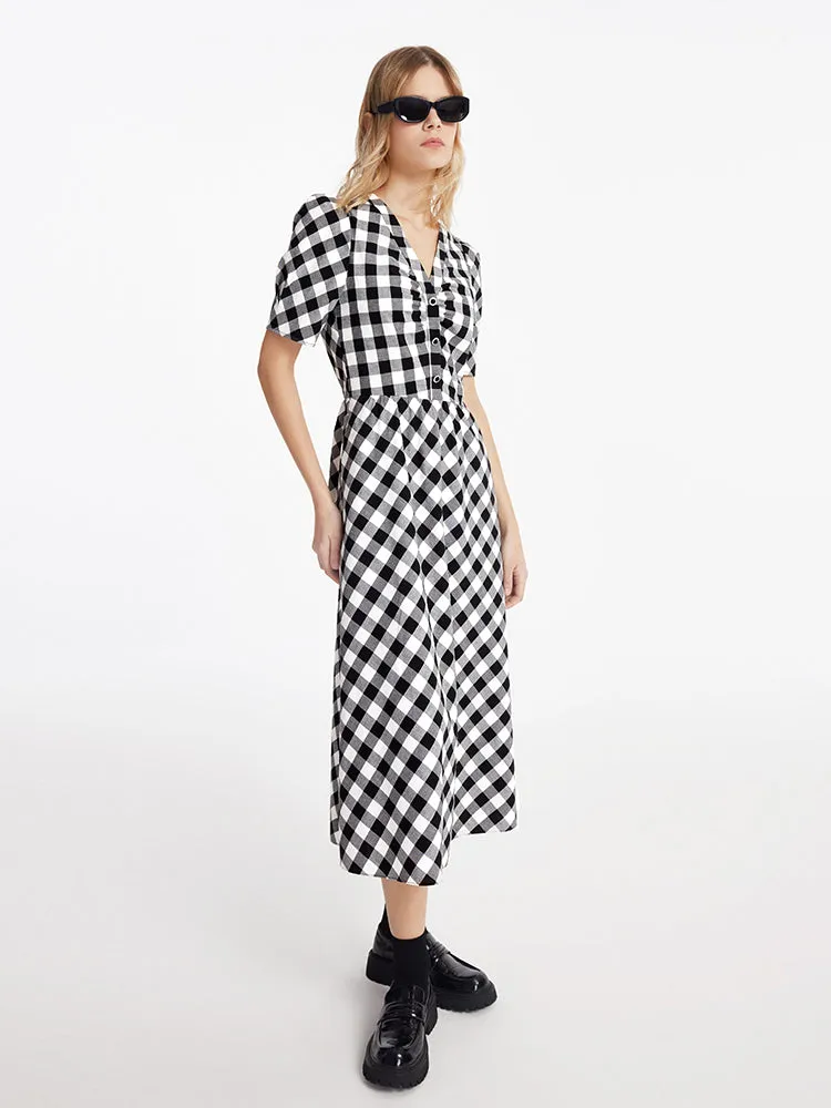 Gingham V-Neck Women Maxi Dress