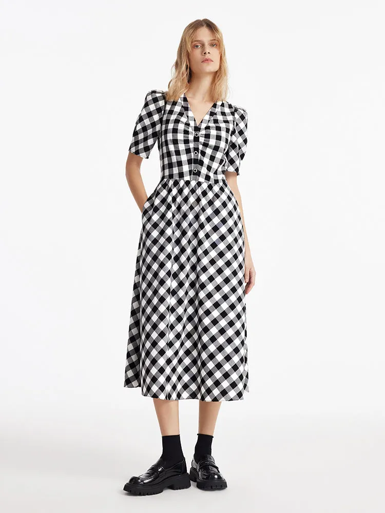 Gingham V-Neck Women Maxi Dress