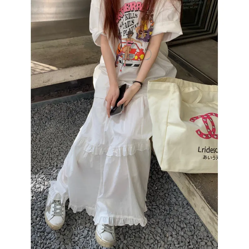 Girlary-shop curvy casual outfits 2024 Spring Sweet Elastic Waist Pleated Wooden Ear Layered Cake Skirt White Long Large Swing Skirt