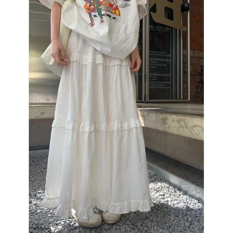 Girlary-shop curvy casual outfits 2024 Spring Sweet Elastic Waist Pleated Wooden Ear Layered Cake Skirt White Long Large Swing Skirt