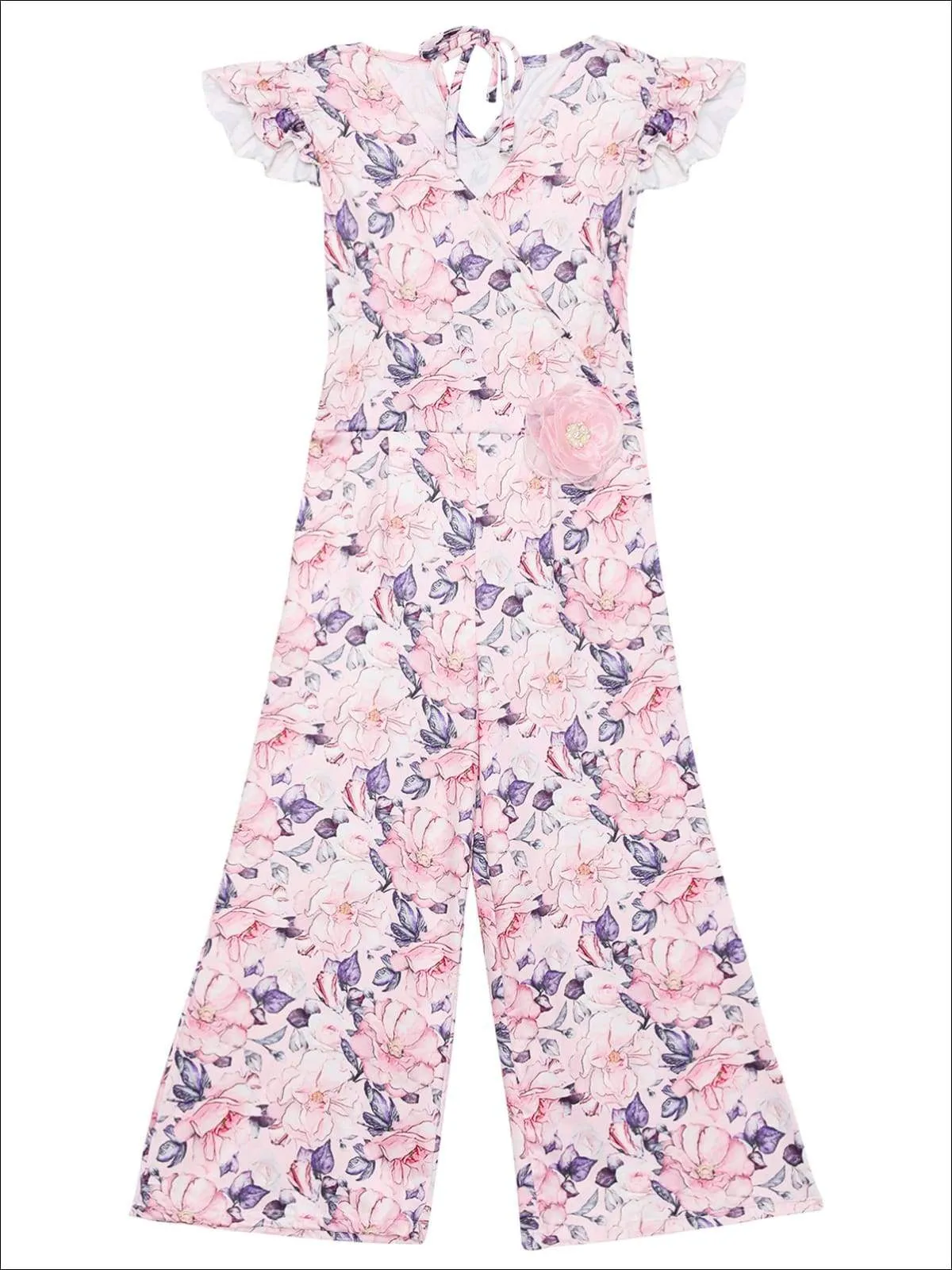 Girls Cap Sleeve Faux Wrap Palazzo Jumpsuit With Flower Clip