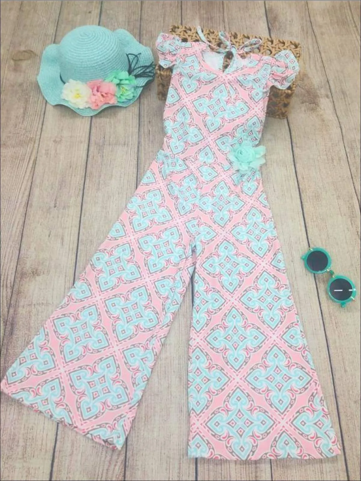 Girls Cap Sleeve Faux Wrap Palazzo Jumpsuit With Flower Clip