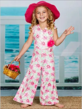 Girls Cap Sleeve Faux Wrap Palazzo Jumpsuit With Flower Clip