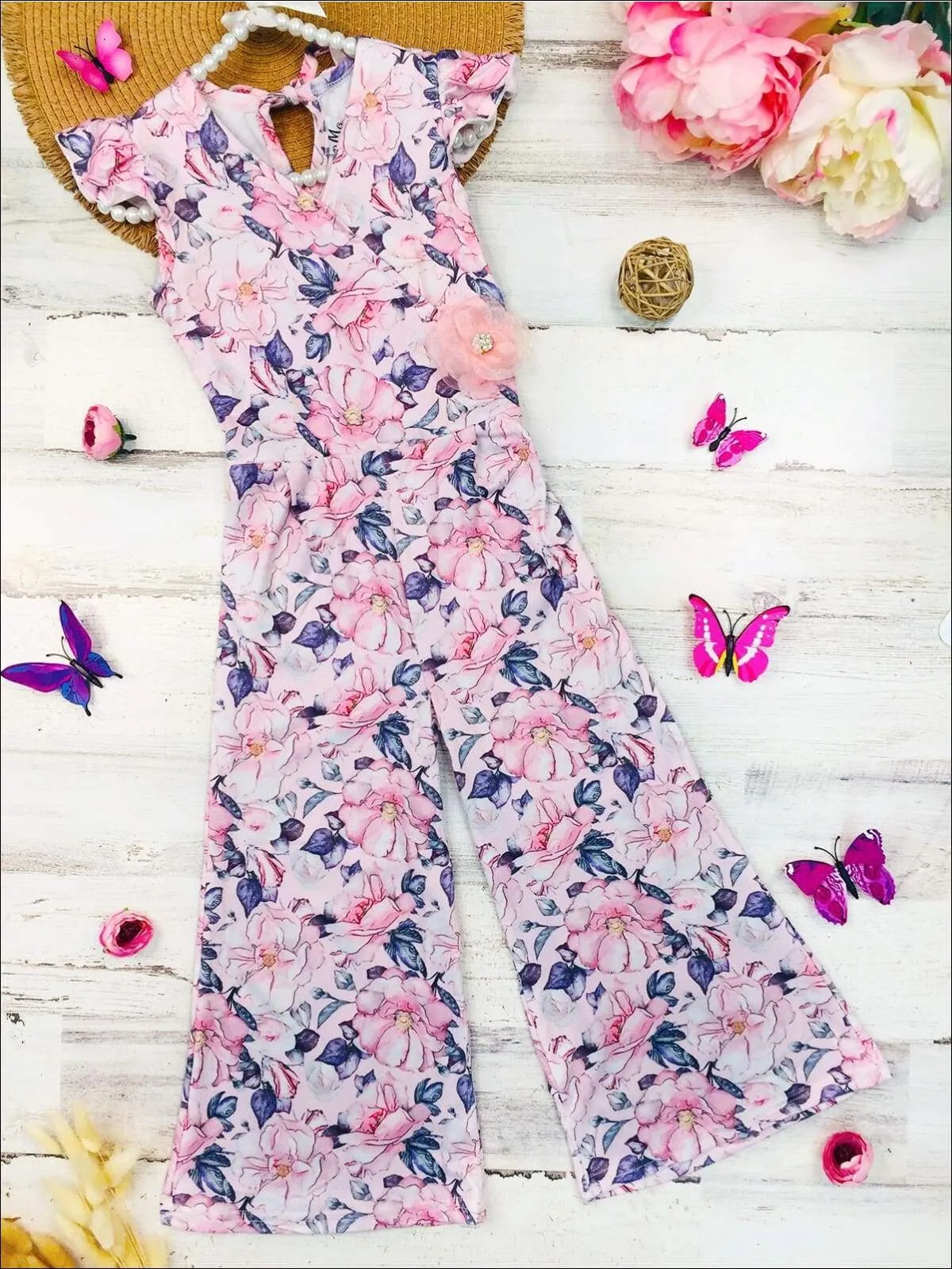 Girls Cap Sleeve Faux Wrap Palazzo Jumpsuit With Flower Clip