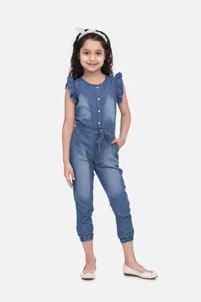 Girl's  Denim Jumpsuit With Attached Belt - StyleStone Kid