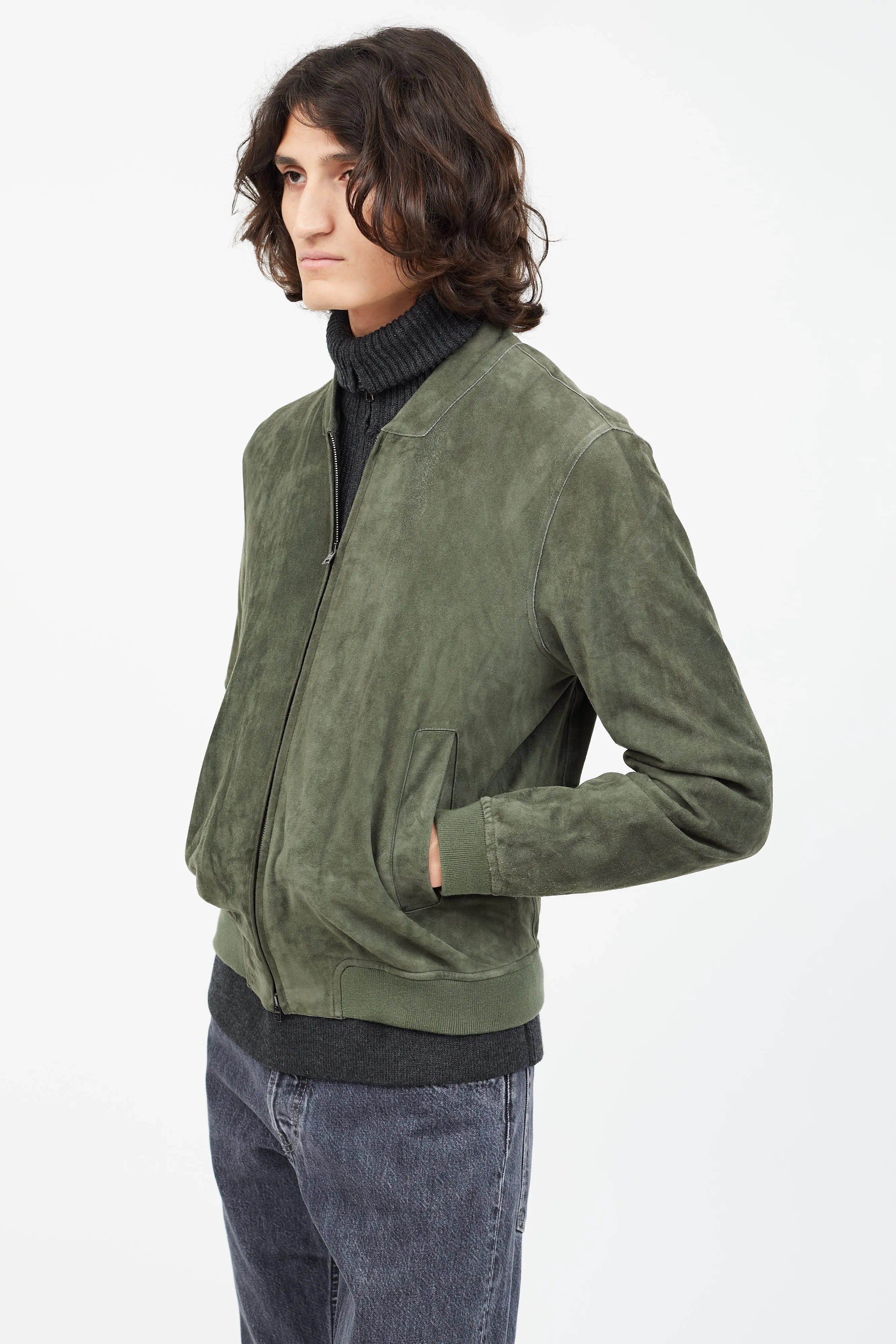 Green Suede Bomber Jacket