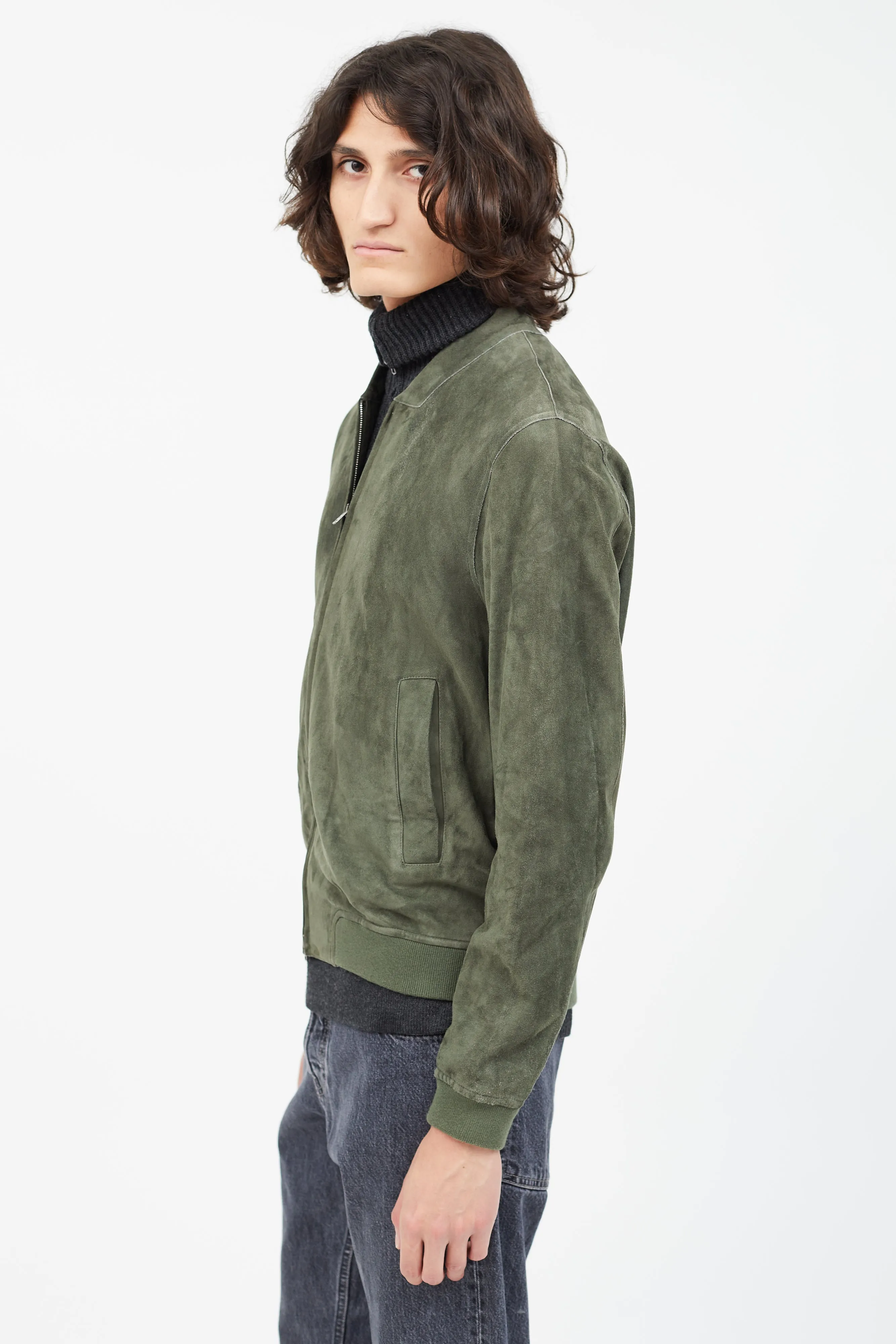 Green Suede Bomber Jacket