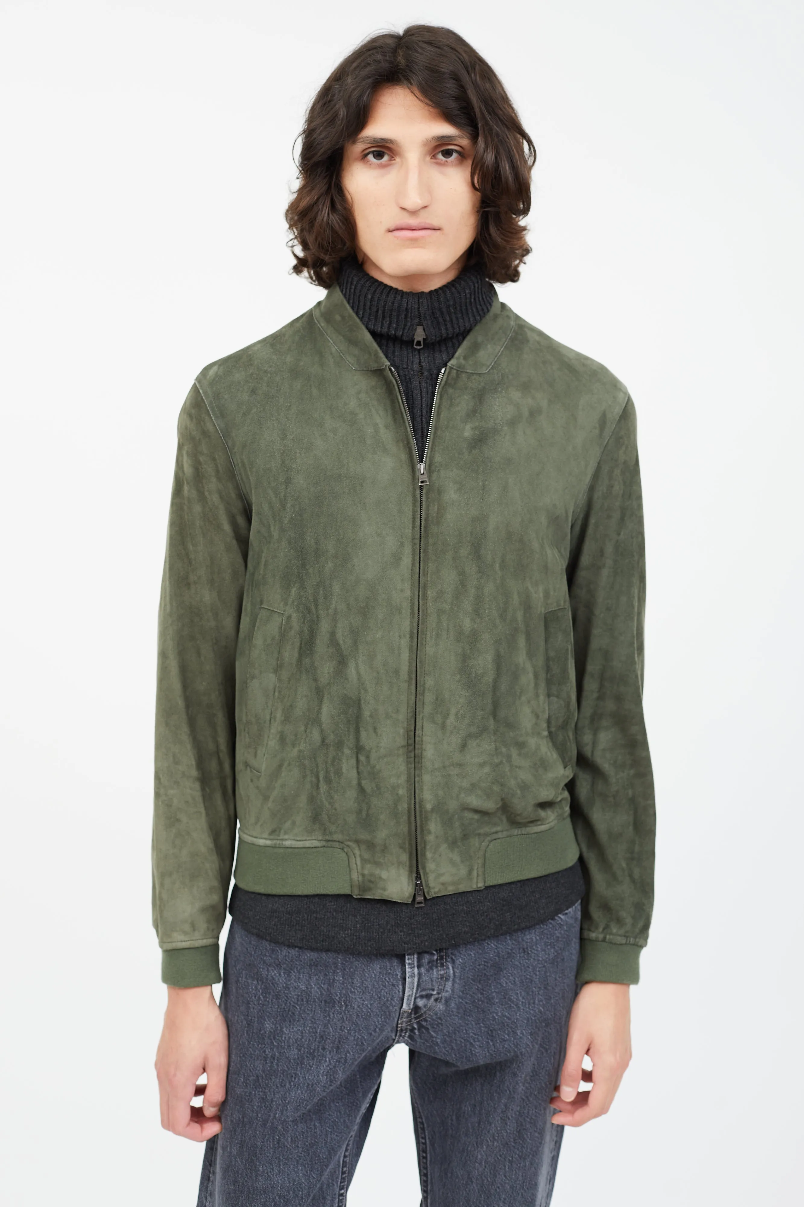 Green Suede Bomber Jacket