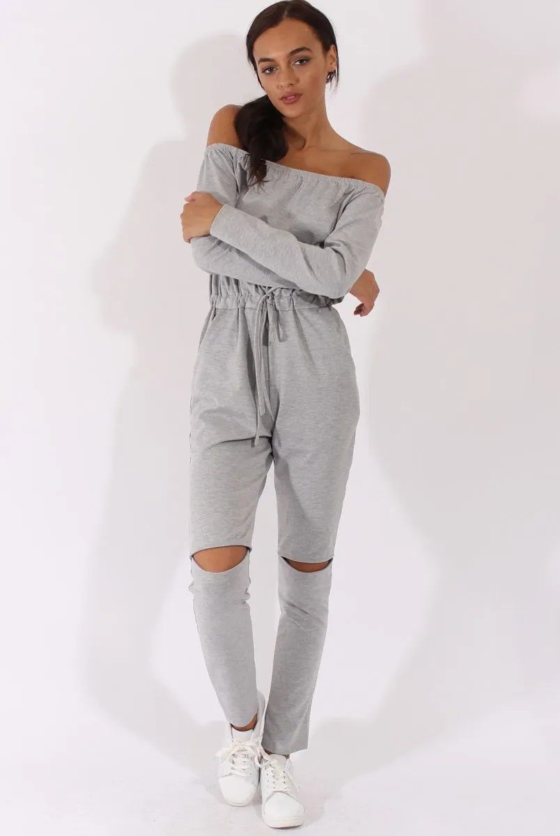 Grey Bardot Split Knee Jumpsuit - Coran