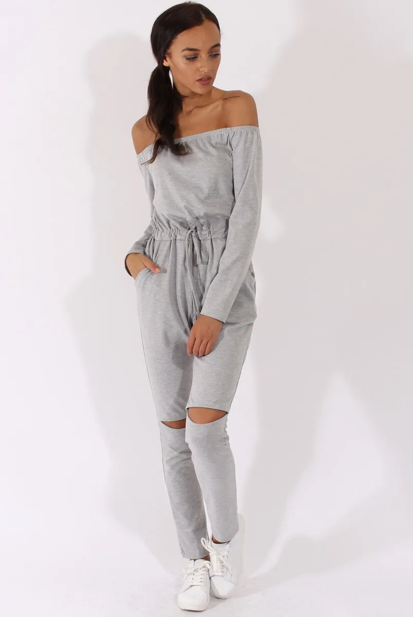 Grey Bardot Split Knee Jumpsuit - Coran