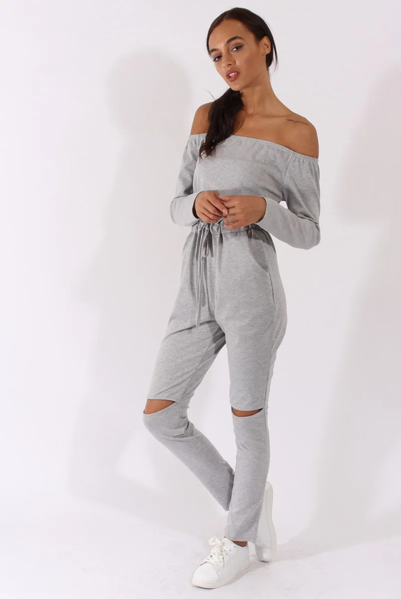 Grey Bardot Split Knee Jumpsuit - Coran