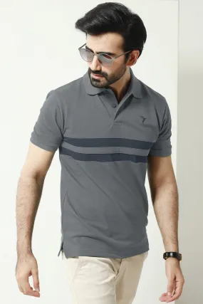 Grey Contrast Panelled Embroidered Polo Shirt - A23 - MP0209R