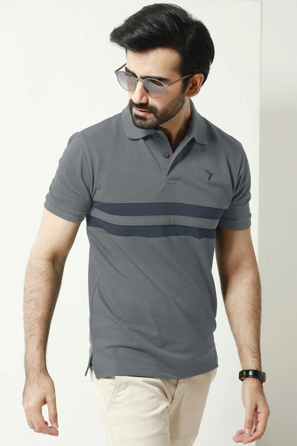 Grey Contrast Panelled Embroidered Polo Shirt - A23 - MP0209R