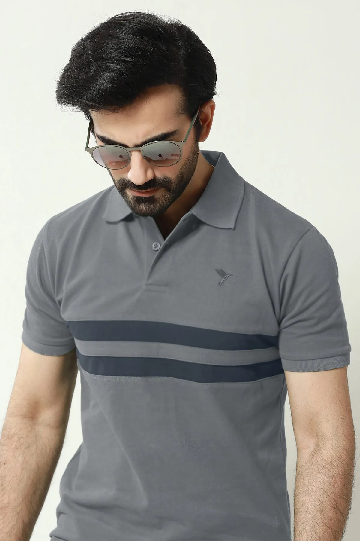 Grey Contrast Panelled Embroidered Polo Shirt - A23 - MP0209R