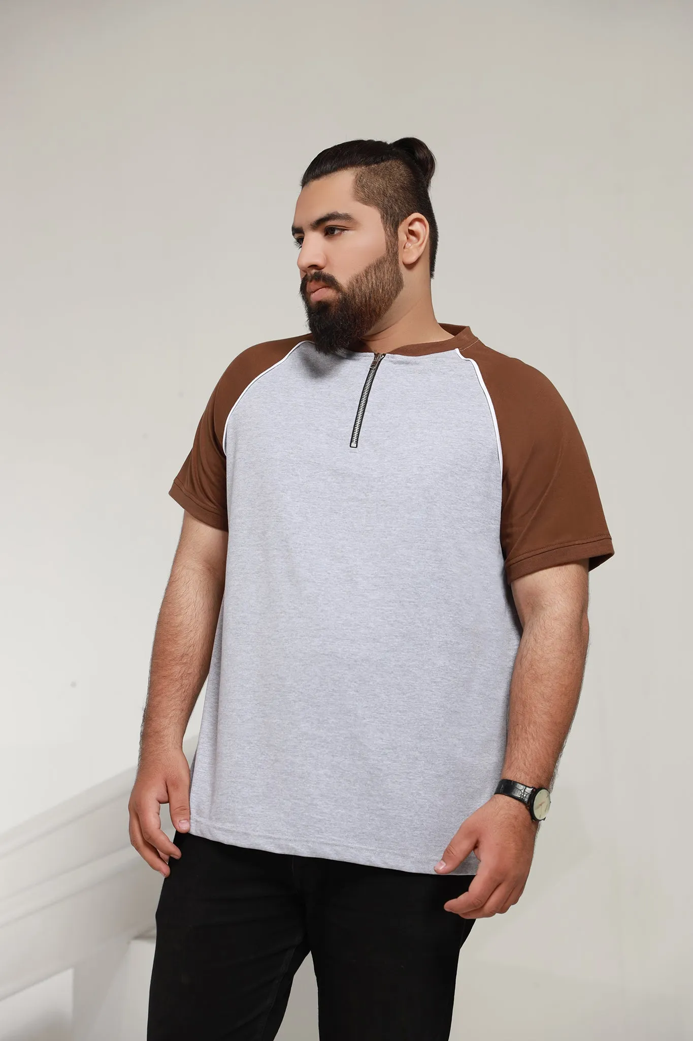 Grey Retro Raglan T-shirt (Plus Size) - P21 - MT0077P