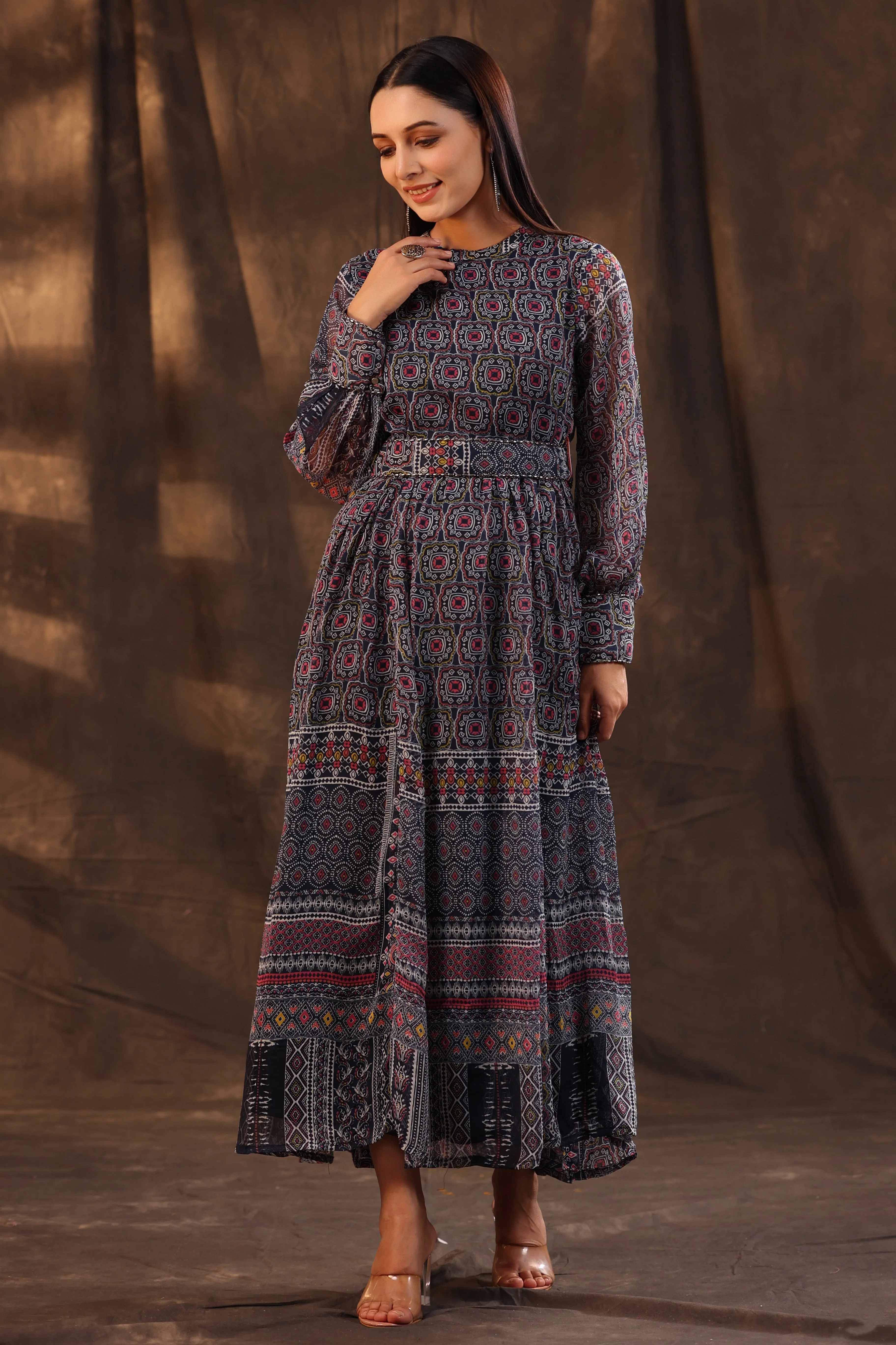 Juniper Navy Blue Geometric Printed Chiffon Flared Maxi Dress With Buttons.