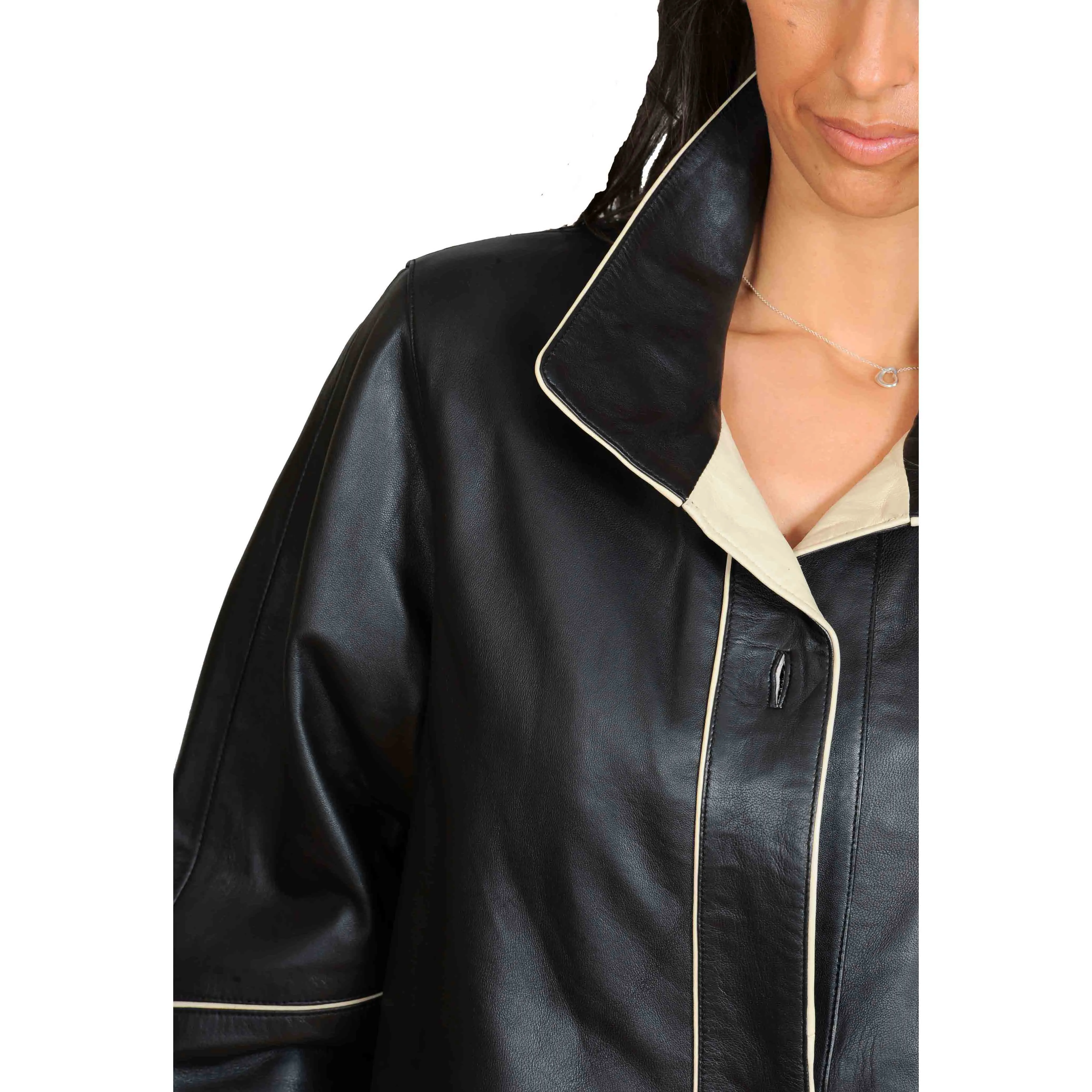 Ladies Classic Parka Real Leather Coat Trim Jacket Lulu Black-Beige