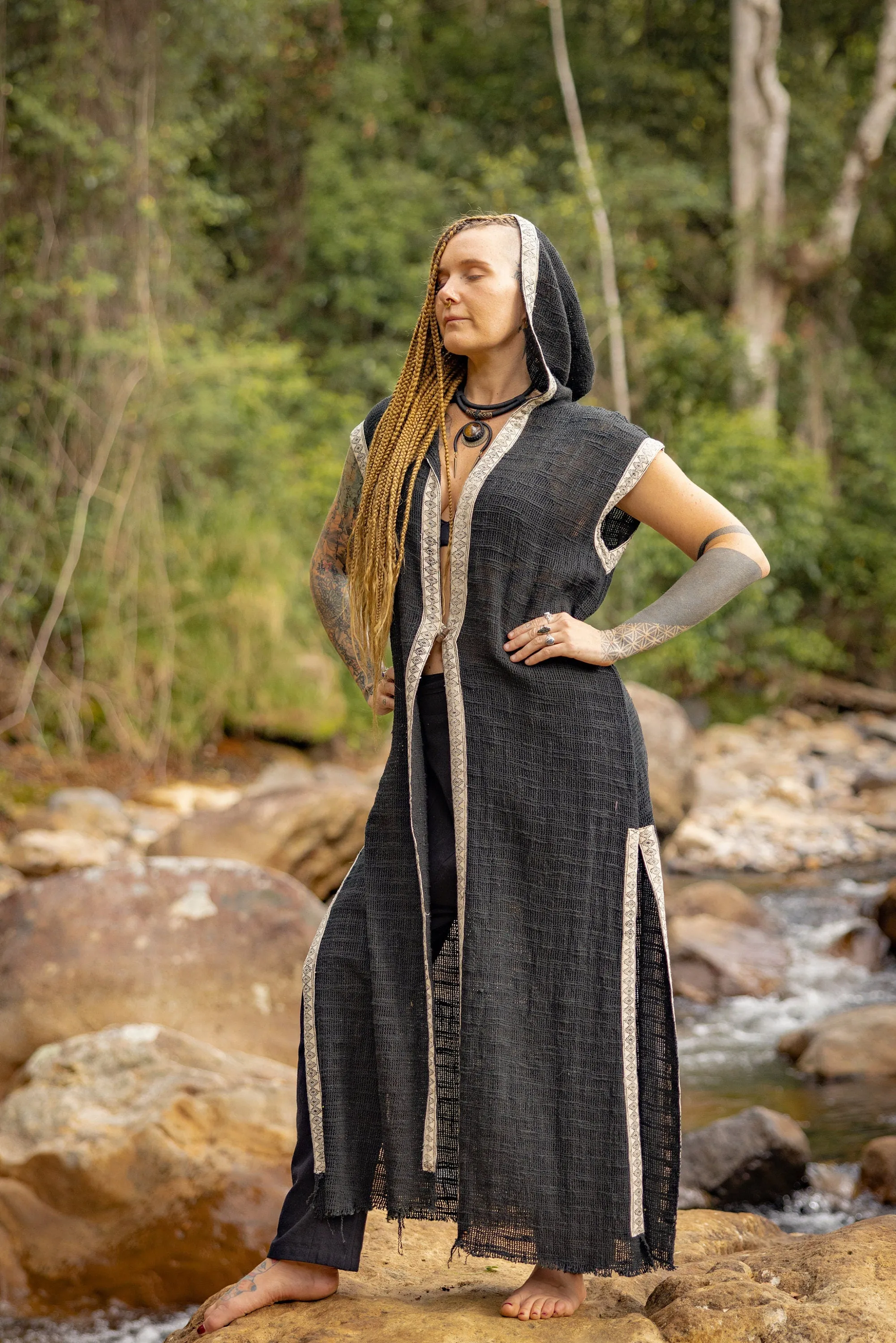 LALIKA Black Womens Long Hooded Vest Large Hood Natural Netted Cotton Festival Ceremony Tribal Dystopian Cyberpunk Steampunk Gypsy AJJAYA