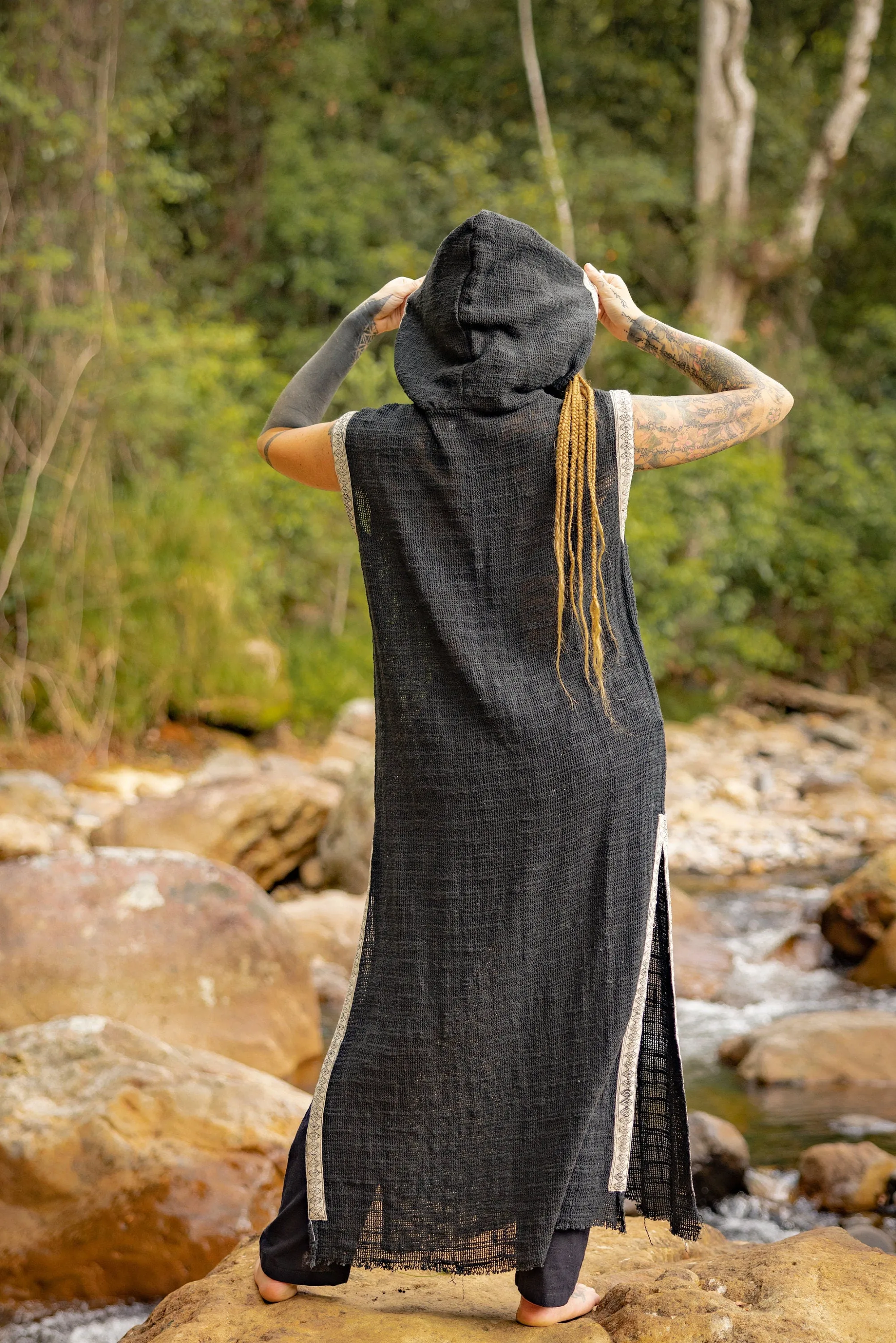 LALIKA Black Womens Long Hooded Vest Large Hood Natural Netted Cotton Festival Ceremony Tribal Dystopian Cyberpunk Steampunk Gypsy AJJAYA