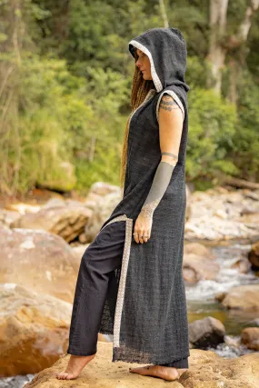 LALIKA Black Womens Long Hooded Vest Large Hood Natural Netted Cotton Festival Ceremony Tribal Dystopian Cyberpunk Steampunk Gypsy AJJAYA