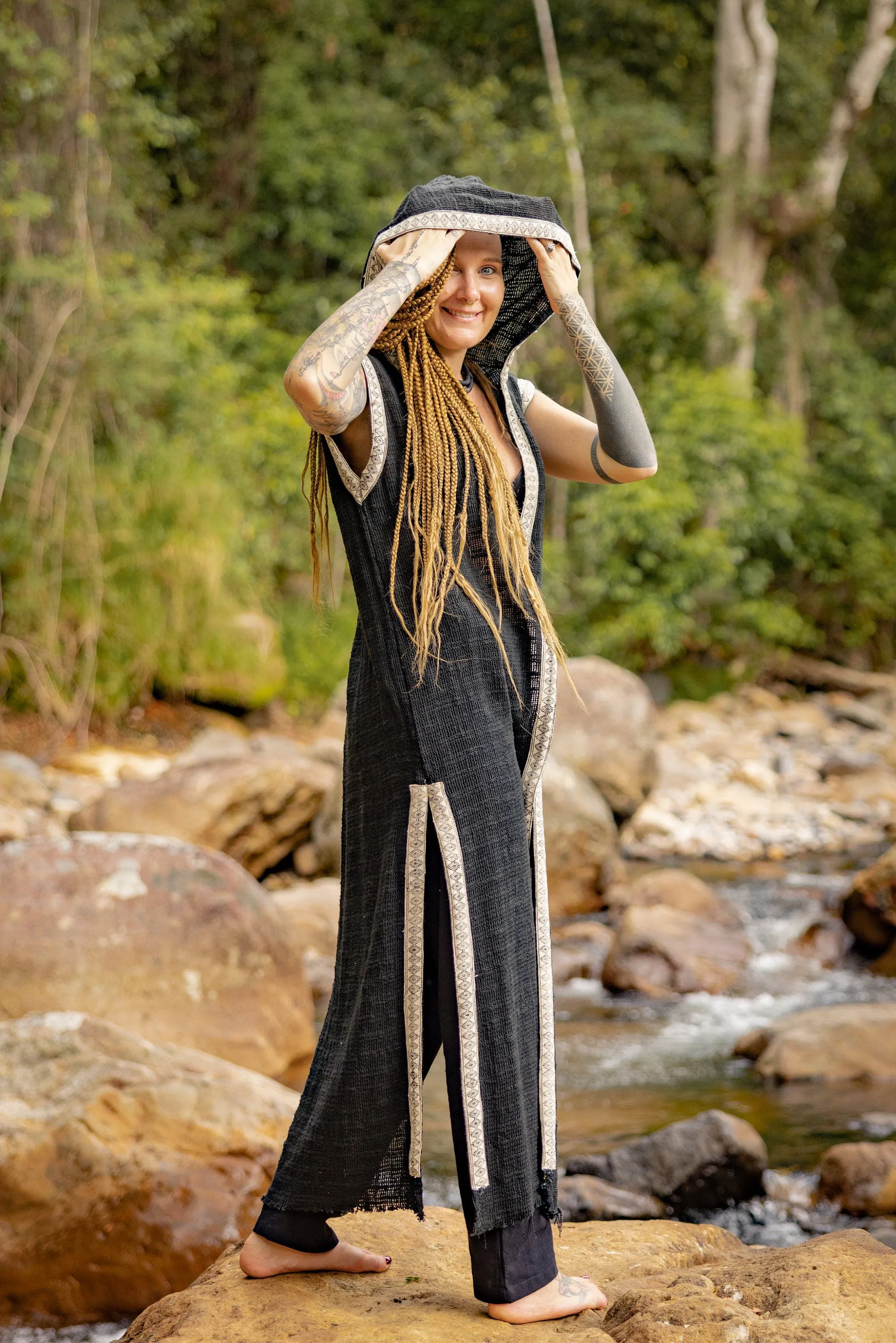 LALIKA Black Womens Long Hooded Vest Large Hood Natural Netted Cotton Festival Ceremony Tribal Dystopian Cyberpunk Steampunk Gypsy AJJAYA