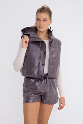 Leather-Like Hooded Puff Vest