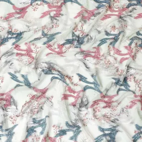 Light Laurel green synthetic chiffon fabric with multicolor print having cerise pink, silver and blue metallic lurex in abstract design-D9673