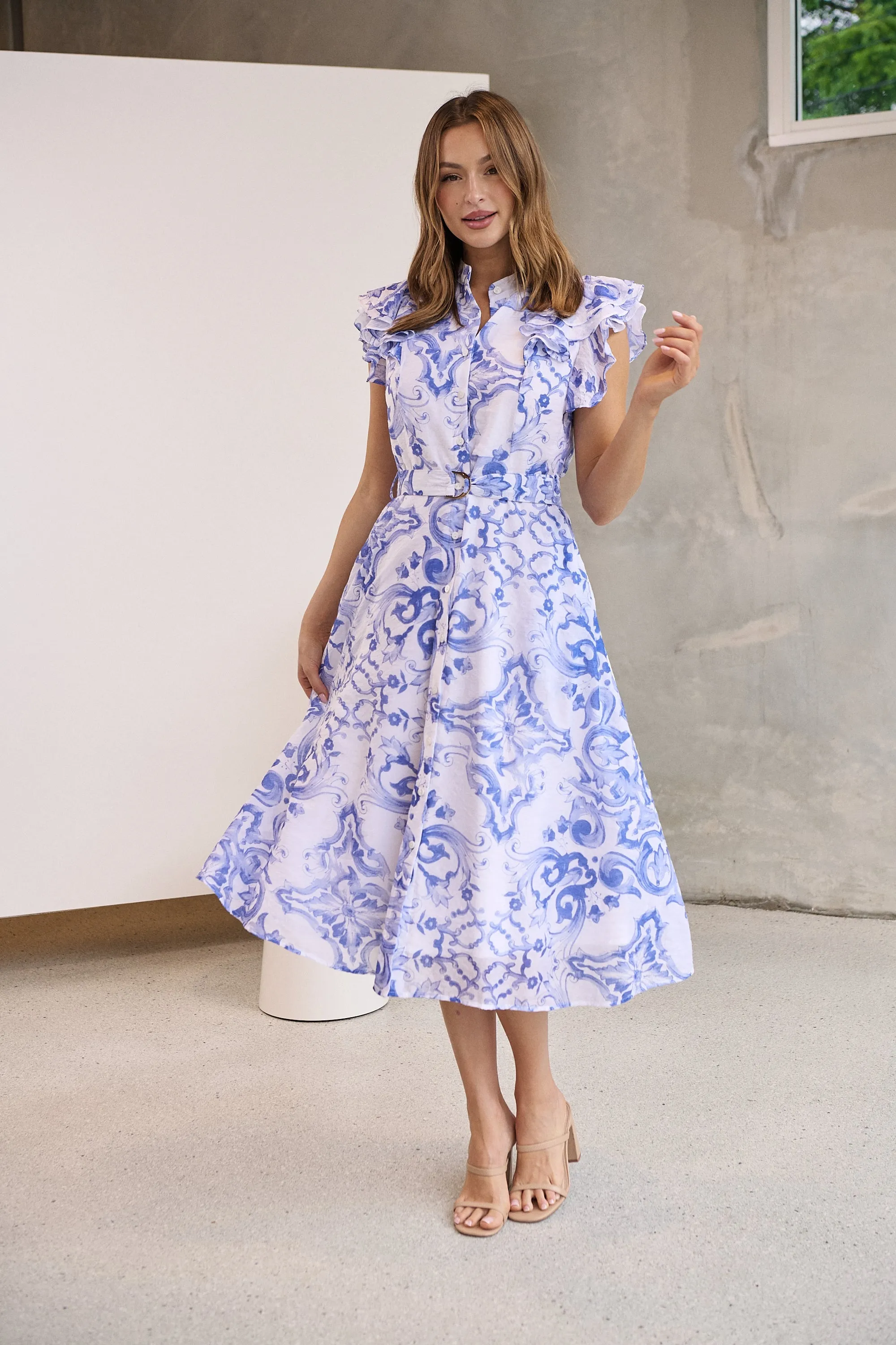 Lucia Blue/White Collared Frill Sleeve Pleated Midi Dress