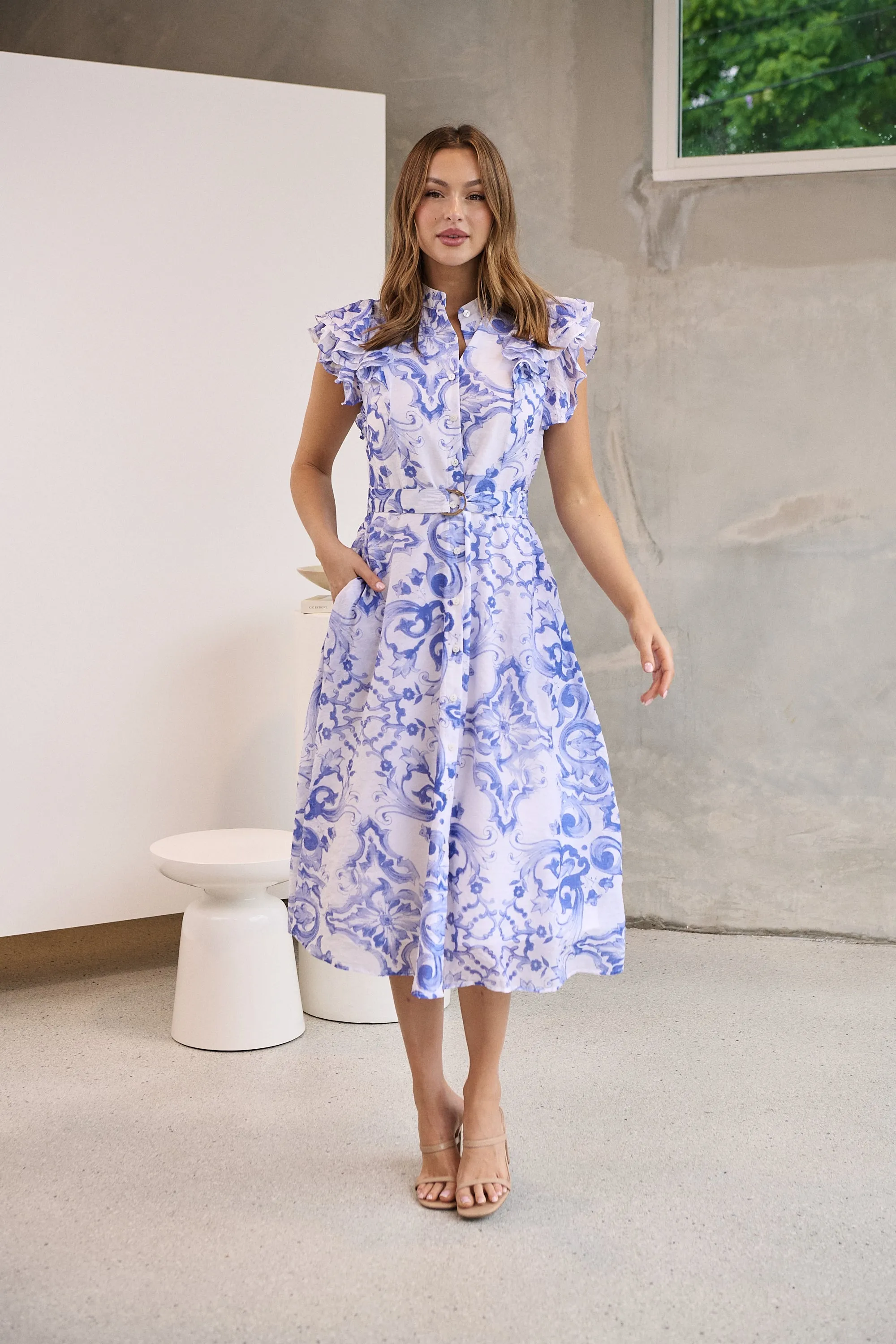 Lucia Blue/White Collared Frill Sleeve Pleated Midi Dress