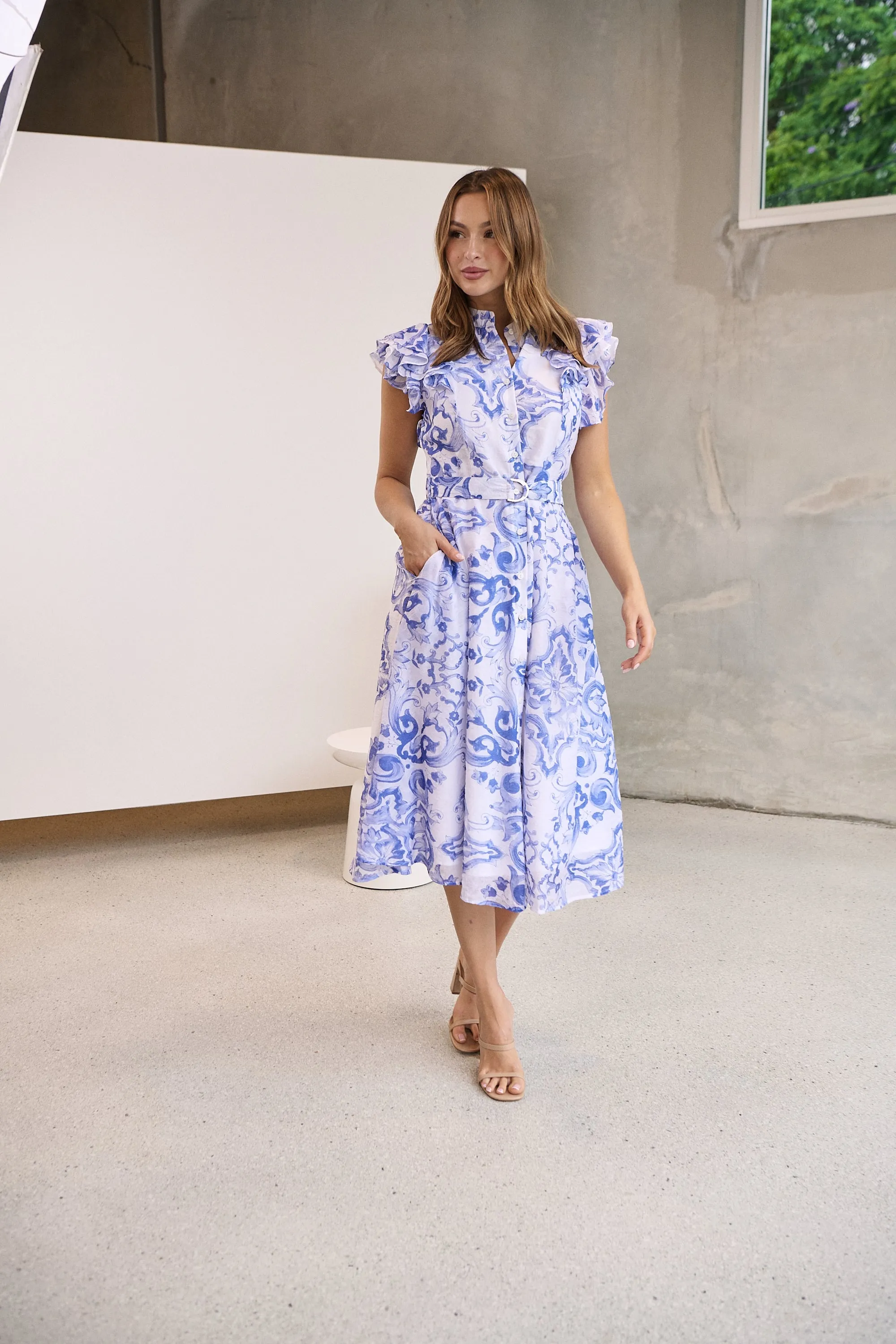 Lucia Blue/White Collared Frill Sleeve Pleated Midi Dress