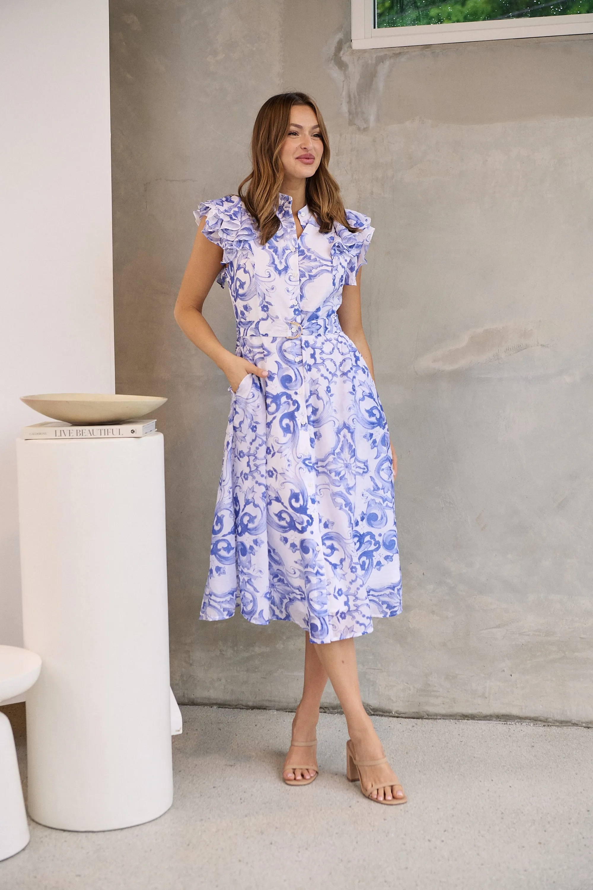 Lucia Blue/White Collared Frill Sleeve Pleated Midi Dress